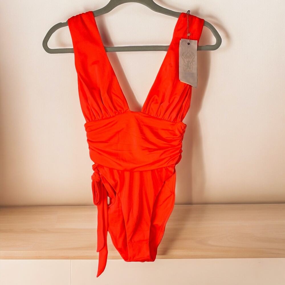 We are HAH Free People Cut to the Chase neon orange onepiece swimsuit Sz S NWT